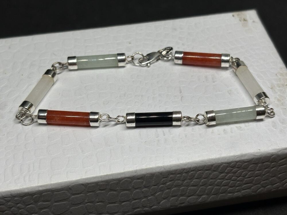Vtg 925 Sterling Silver Multi Color Red Jade Onyx Cylinder Bar Link Bracelet